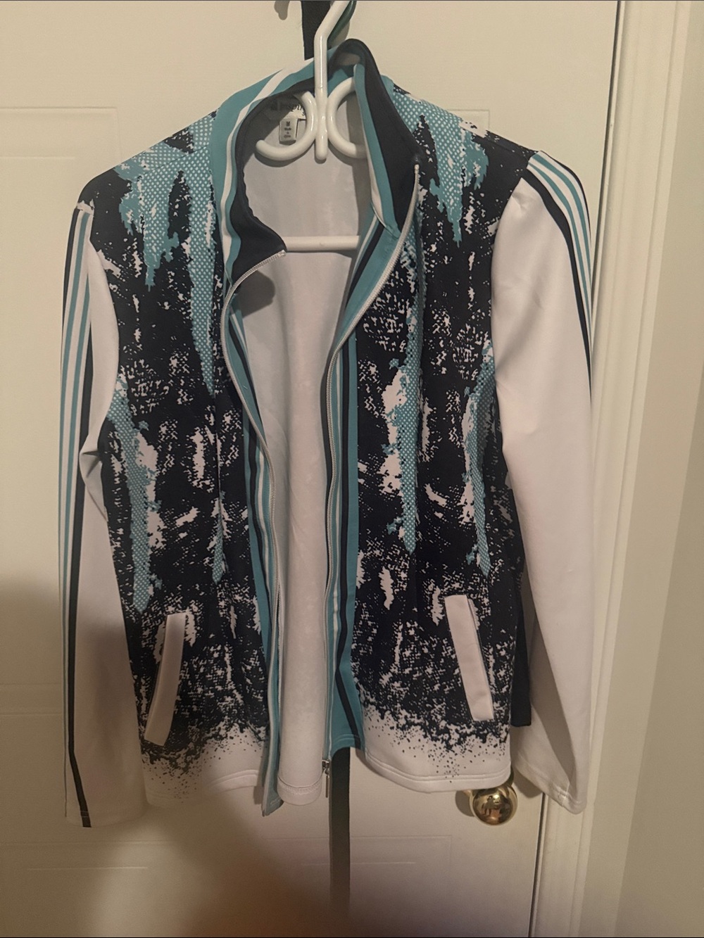 Women’s Abstract Print Zip-Front Jacket in White & Teal